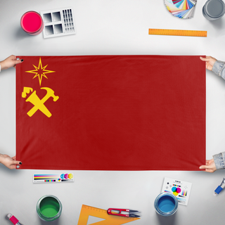 A mockup of the custom flag 'Roddasa flag' held up on a table during print checking