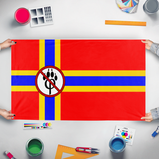 A mockup of the custom flag 'AFI flag' held up on a table during print checking