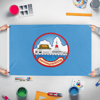 A mockup of the custom flag 'How to get  flag' held up on a table during print checking