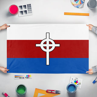 A mockup of the custom flag 'CP flag' held up on a table during print checking