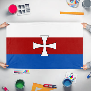 A mockup of the custom flag 'Greater Poland flag' held up on a table during print checking