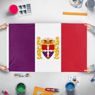A mockup of the custom flag 'Royal Flag of Stratus' held up on a table during print checking