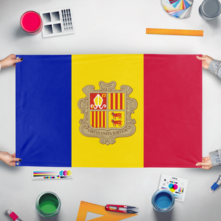 A mockup of the custom flag 'tm1 flag' held up on a table during print checking