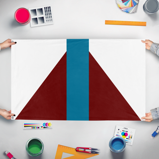 A mockup of the custom flag 'The Hope River flag' held up on a table during print checking