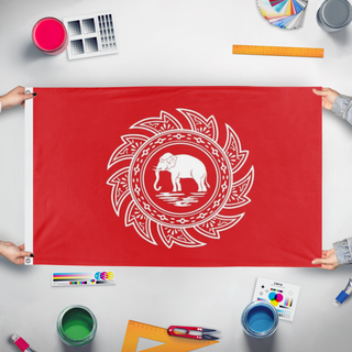 A mockup of the custom flag 'How to get  flag' held up on a table during print checking