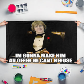 A mockup of the custom flag 'Godfather Flag' held up on a table during print checking