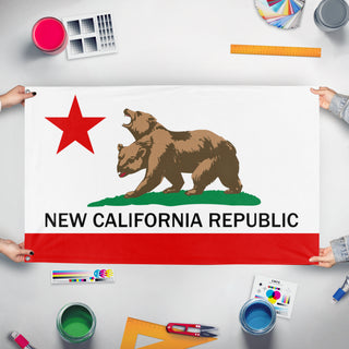 A mockup of the custom flag 'Accurate New California Republic flag' held up on a table during print checking