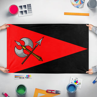 A mockup of the custom flag 'fascist republic of Jasonia flag' held up on a table during print checking