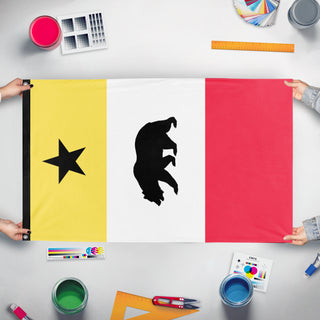 A mockup of the custom flag 'Pacifica Sideways flag' held up on a table during print checking
