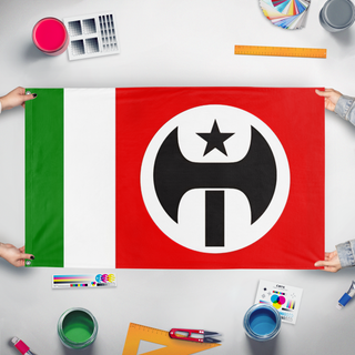 A mockup of the custom flag 'TFR ITALY flag' held up on a table during print checking