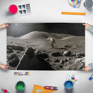A mockup of the custom flag 'Apollo flag' held up on a table during print checking