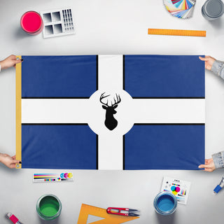 A mockup of the custom flag 'Keplarland flag' held up on a table during print checking