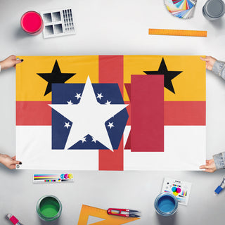 A mockup of the custom flag 'T flag' held up on a table during print checking