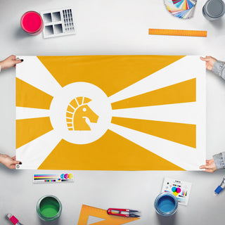 A mockup of the custom flag 'Hanover, MA flag' held up on a table during print checking