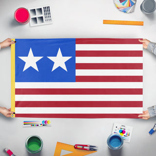 A mockup of the custom flag 'Western Forces of America flag' held up on a table during print checking