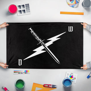 A mockup of the custom flag 'Death watch flag' held up on a table during print checking