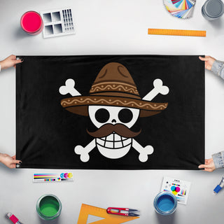 A mockup of the custom flag 'Mexico One PIece Gen Z Protest flag' held up on a table during print checking