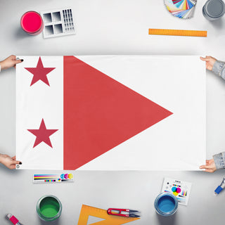 A mockup of the custom flag 'T flag' held up on a table during print checking