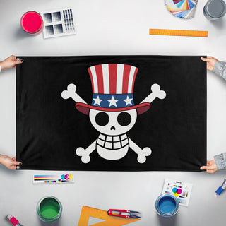 A mockup of the custom flag 'American One Piece Gen Z Protest flag' held up on a table during print checking