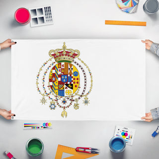 A mockup of the custom flag 'Kingdom of the Two Sicilies flag' held up on a table during print checking