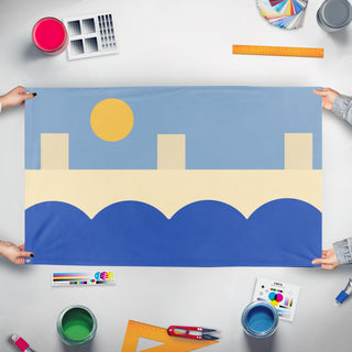 A mockup of the custom flag 'Hoover Dam Flag' held up on a table during print checking