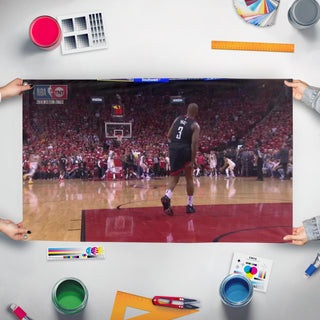 A mockup of the custom flag 'Joey gift flag' held up on a table during print checking