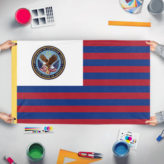 A mockup of the custom flag 'Veterans Affairs  flag' held up on a table during print checking