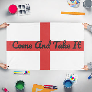 A mockup of the custom flag 't test  flag' held up on a table during print checking