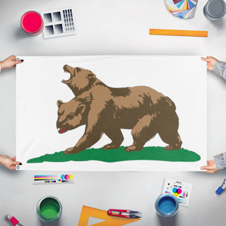 A mockup of the custom flag 'Bear. flag' held up on a table during print checking