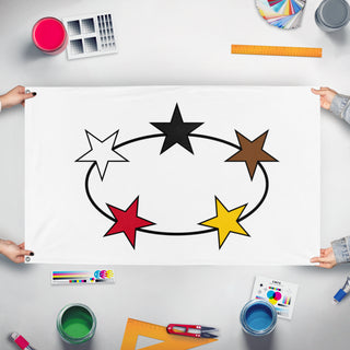 A mockup of the custom flag 'Suriname' held up on a table during print checking