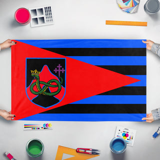 A mockup of the custom flag 'Baptist Republic of Tennessee' held up on a table during print checking