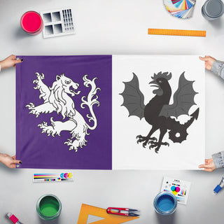 A mockup of the custom flag 'Jones-Langley flag' held up on a table during print checking