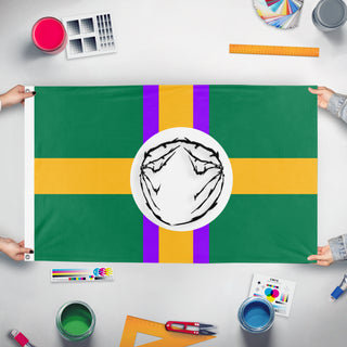 A mockup of the custom flag 'Thorners Flag' held up on a table during print checking