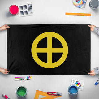 A mockup of the custom flag 'HM flag' held up on a table during print checking