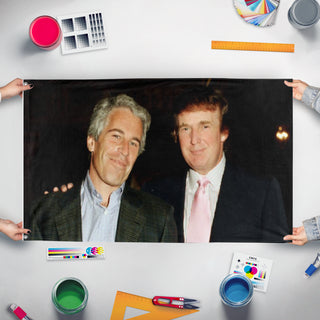 A mockup of the custom flag '#Noticing flag' held up on a table during print checking