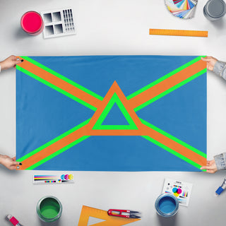 A mockup of the custom flag 'The new Greater Imperian  flag' held up on a table during print checking