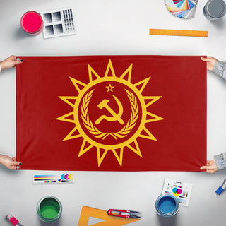 A mockup of the custom flag 'Flag Contest' held up on a table during print checking