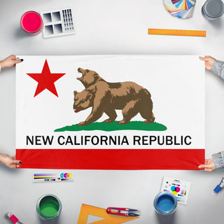 A mockup of the custom flag 'New California Republic flag' held up on a table during print checking