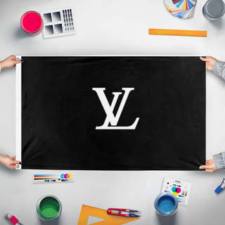 A mockup of the custom flag 'vl flag' held up on a table during print checking