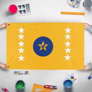 A mockup of the custom flag 'Gavaltina flag' held up on a table during print checking