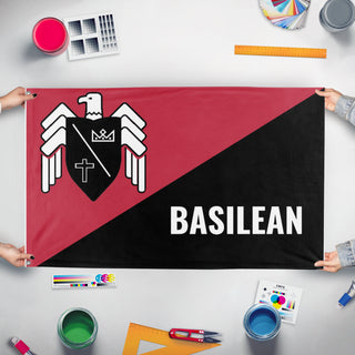 A mockup of the custom flag 'Basil CNT Inspired flag' held up on a table during print checking
