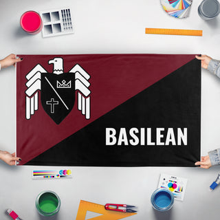A mockup of the custom flag 'Basil CNT Maroon flag' held up on a table during print checking