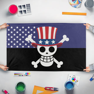 A mockup of the custom flag 'T flag' held up on a table during print checking