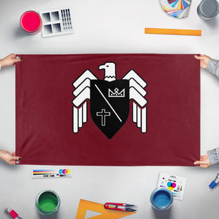 A mockup of the custom flag 'Basil Crest flag' held up on a table during print checking