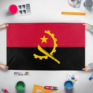 A mockup of the custom flag 'test double flag' held up on a table during print checking