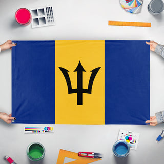 A mockup of the custom flag 't double flag' held up on a table during print checking