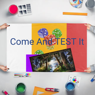 A mockup of the custom flag 'T flag' held up on a table during print checking