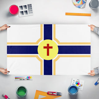 A mockup of the custom flag 'custom flag' held up on a table during print checking