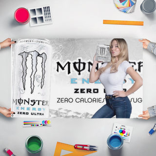 A mockup of the custom flag 'monster_kvit flag' held up on a table during print checking
