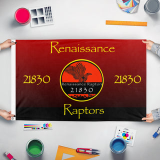 A mockup of the custom flag 'Renaissance Raptor  flag' held up on a table during print checking